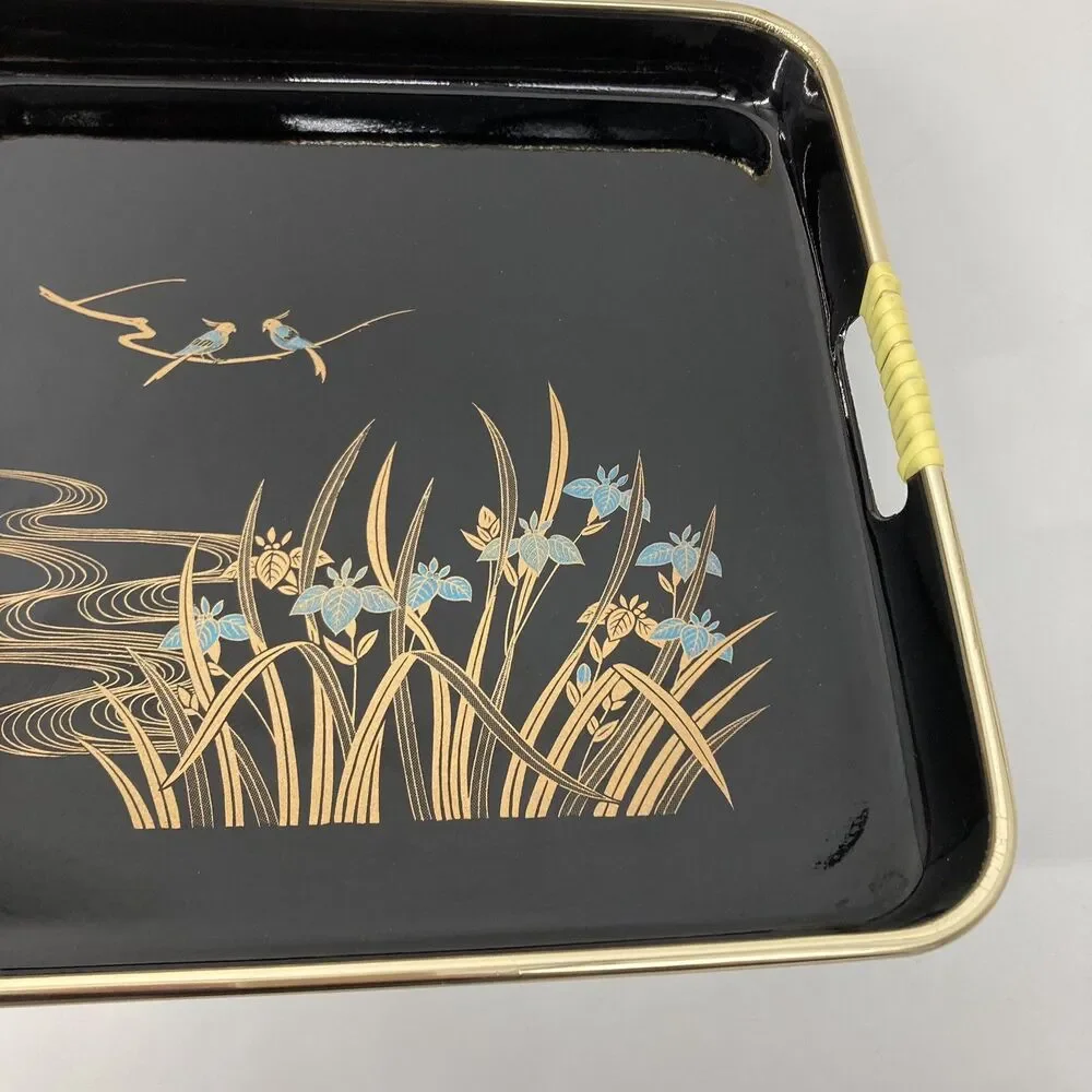 2 Set Vtg Toyo Japan Blue Iris Birds Black Lacquer Decorative Trays Gold Reeds